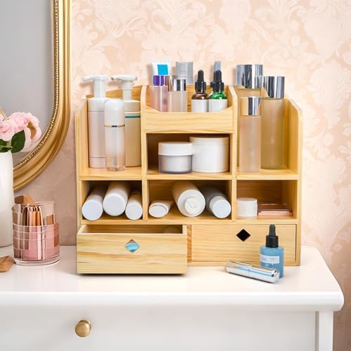 Wooden Desk Organizer with Drawers, 10 Compartments