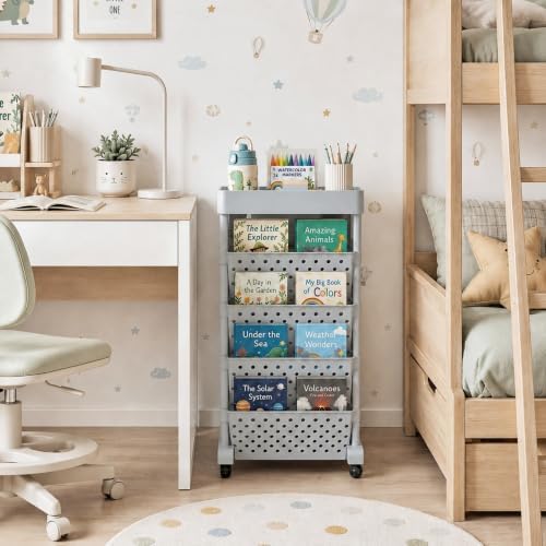 5-Tier Rolling Bookshelf Cart with Wheels, Gray