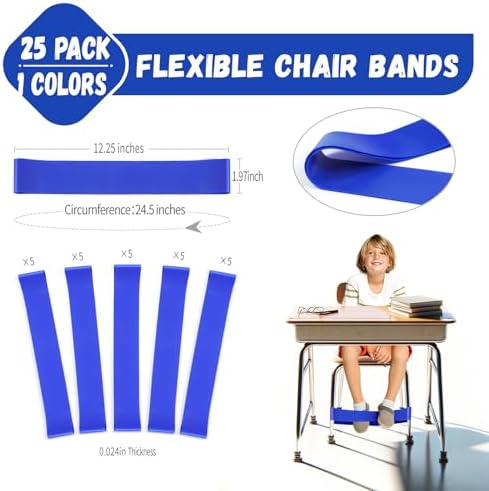 25 Pack Chair Bands for Kids with Fidgety Feet, ADHD Tools for Kids, Improve Focus & Reduce Restlessness, Chair Bands for Sensory ADHD ADD Autism - Classroom & Home Must Haves (Blue)