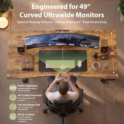 TIQLAB 55x30 Extra Deep Standing Desk with Cable Management, Rustic Brown