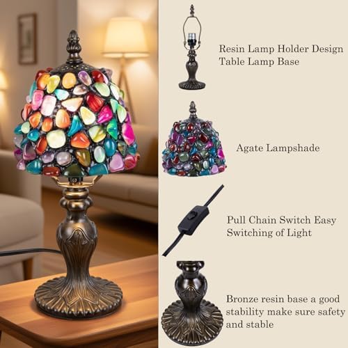 Small Tiffany Table Lamp, 3 Color-Temperature Agate Amber Stained Glass Lamp,6 Inch Tiffany Style Lamp for Bedroom Living Room Home, Handcrafted Light, Included Bulb
