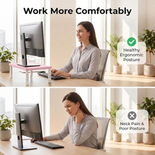 OPNICE Adjustable Monitor Stand Riser for Desk, Wood Computer & Laptop Stand, Desk Organizers and Accessories, Office Desk Accessories & Workspace Organizer for Home Office Supplies, Pink