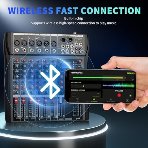 Depusheng DX6 Professional Mixer Sound Board Console 6 Channel Desk System Interface Digital USB MP3 Input 48V Phantom Power Stereo DJ Studio FX Steel Chassis,Black Bluetooth USB Audio Mixer for PC