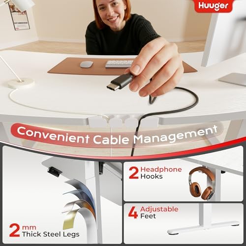 Huuger 55 X 24 Inch Electric Standing Desk with Power Outlets and USB-C Port, Height Adjustable Desk, Sit Stand Desk for Home Office, Computer & Gaming Desk with 3 Presets, Stable Steel Frame, White