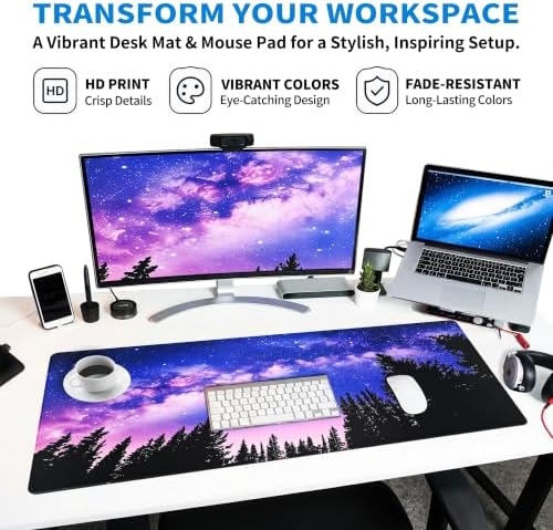 Extended Galaxy Desk Mat, XXL Large Gaming Mouse Pad, Purple Starry Sky Forest Stitched Edges Waterproof with Non-Slip Rubber Base for Computer Keyboard Laptop Work Home Office 35.4"x15.7"