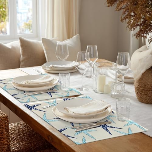 Shrahala Coastal Nautical Set of 8 12 X 18 Inch Linen Placemats, Blue Navy Sea Star Seamless Beach Turquoise Starfish Burlap Table Mat Washable Double Layered Heat Insulation for Indoor/Outdoor