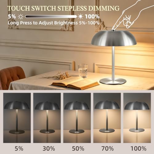 Portable LED Mushroom Table Lamp, 24H Cordless Metal Night Light with Rechargeable Battery, Stepless Dimmable 3 Colors Desk Lamp for Bedroom Bar Coffee Shop(Brushed Silver)