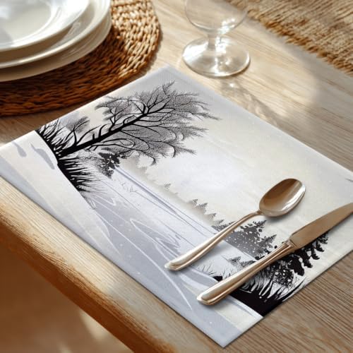 Shrahala Winter Landscape Set of 8 12 X 18 Inch Linen Placemats, Grey and White Snow Fields Burlap Table Mat Washable Double Layered Heat Insulation for Indoor