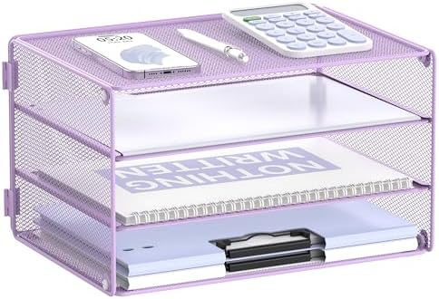 DALTACK 3 Tier Letter Tray Paper Organizer with Sliding Mesh Trays Purple