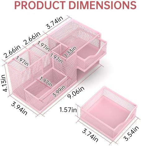 Mesh Desk Organizer with 2 Drawers, Metal Pen Holder for Desk, Pink