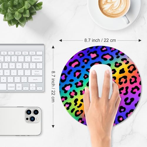 ITNRSIIET Mouse Pad Non-Slip Rubber Base Smooth Surface Stitched Edges Waterproof Durable Compatible with All Mice for Office & Gaming, Desk Accessory, Diameter 8.7 inch, RainbowLeopard