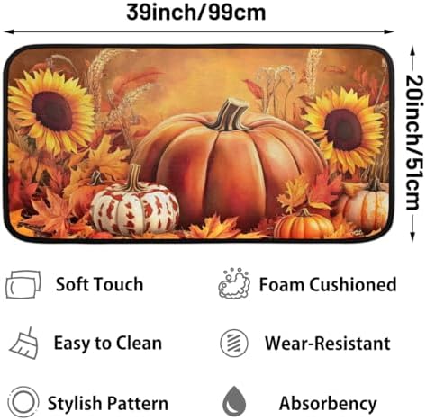 Kitchen Mats, Autumn Fall Maple Leaf Pumpkin Kitchen Rugs, Cushioned Anti Fatigue Kitchen Mats, Non-Slip Standing Desk Mat, Absorbent Kitchen Rug for Floor, Kitchen, Office, Sink, 20"×39"