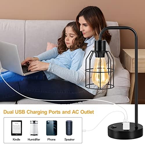 BTY Bedside Lamps Set of 2 Industrial Table Lamp with Dual USB Charging Ports and 2 Prong AC Outlet Farmhouse Nightstand Desk Lamps Edison Lamp with Metal Wire Cage for Bedroom Living Room