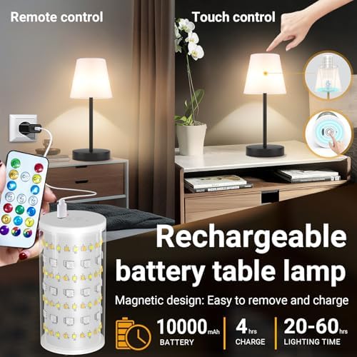 1 Pack Cordless Table Lamp Rechargeable, 10000 mAh Portable LED Battery Operated Lamp with Remote Control, 10 Colors Dimmable Touch Desk Light with Timer for Bedside Night Light Outdoor Patio Camping