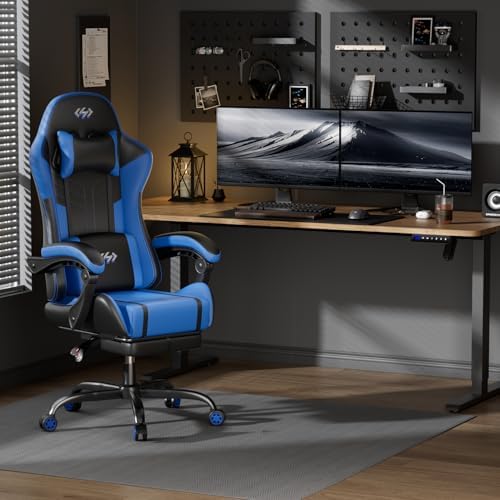 HLDIRECT High Back Gaming Chair, USB Massage Lumbar Support, Black&Blue