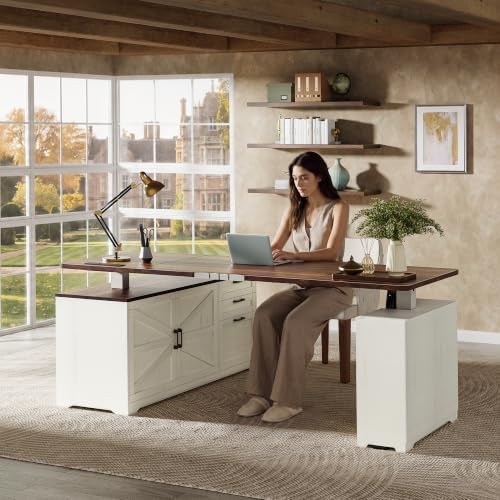 PRAISUN 63'' Farmhouse L Shaped Standing Desk with Outlets and Drawers