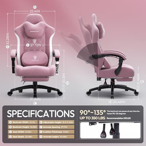 Dowinx Gaming Chair with Heated Massage Lumbar Support,Big and Tall Fabric Gaming Chairs for Adults with Footrest, Ergonomic Computer Game Chair with Poket Spring Cushions, 350lbs, Pink
