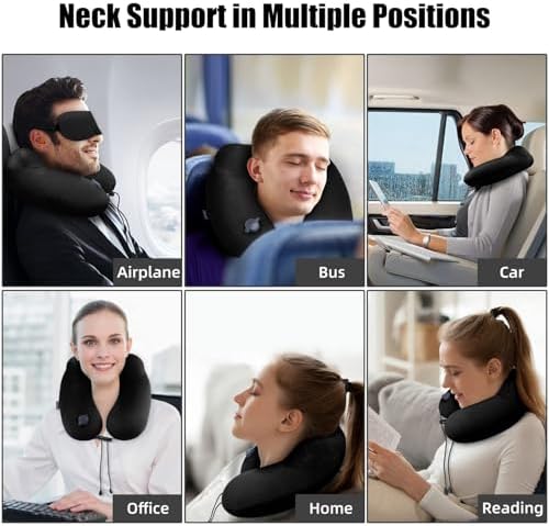 Inflatable Travel Neck Pillow for Airplanes, Super Soft Velvet Neck Support, Adjustable Firmness, Blow Up Plane Pillow for Long Flights, Road Trips, Travel Essentials with Eye Mask, Earplug