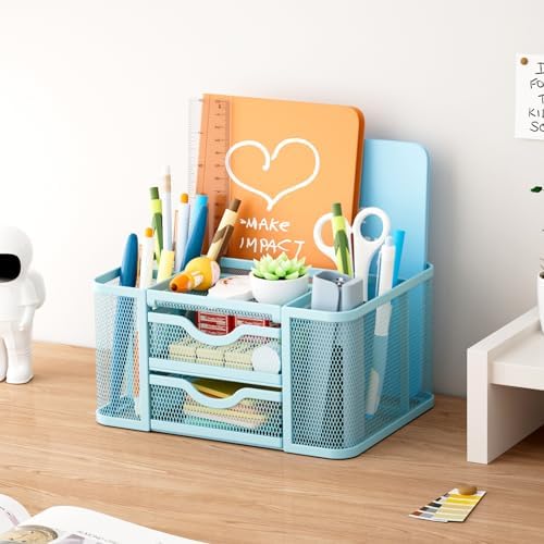 Marbrasse Mesh Desk Organizer, Pen Organizer with 2 Drawer, Multi-Functional Pencil Holder, Desk Organizers and Accessories with 5 Compartments + Drawer for Office Art Supplies (Blue)