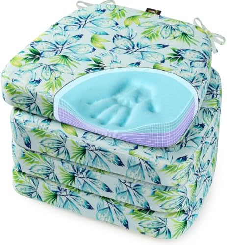 SUNROX Cooling Gel Memory Foam Chair Cushions, 2.6" Thick U-Shaped Dual-Layer Comfort Dining Chair Pads, Non Slip Seat Cushion with Ties for Indoor Kitchen Office 17"x16" Set of 4, Aqua Pilea Notata