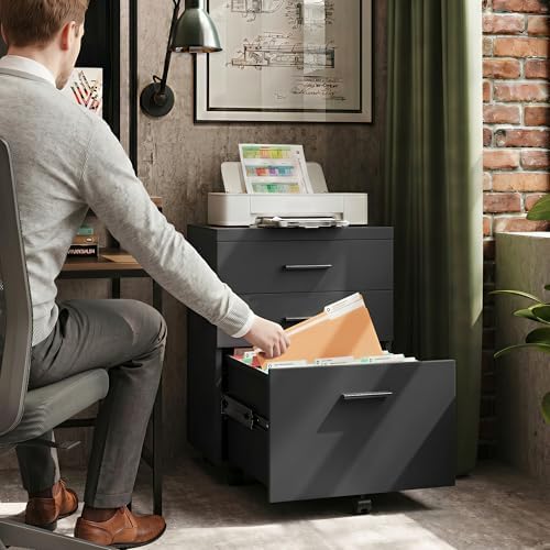 DEVAISE 3 Drawer File Cabinet, Wood Under Desk Filing Cabinet, Black