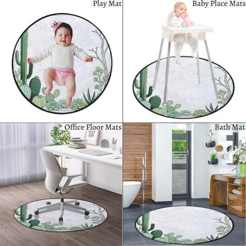 Cactus Succulent Non-Slip Round Office Chair Mat for Hardwood Floors, Line Art Style Rolling Chair Protector, Green White Diameter 39.4 in
