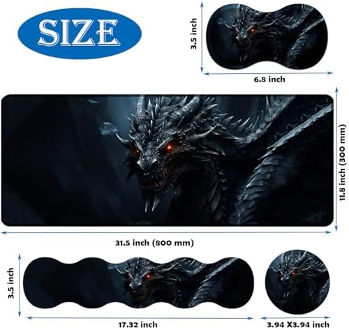 4 in 1 Mouse Pad Combo, Large Gaming Mouse Pad + Keyboard Wrist Support + Mouse Wrist Rest + Coaster, Table Pad 31.5 "x 11.8" with Memory Foam Ergonomic Wrist Pad Set, Cool Dark Dragon