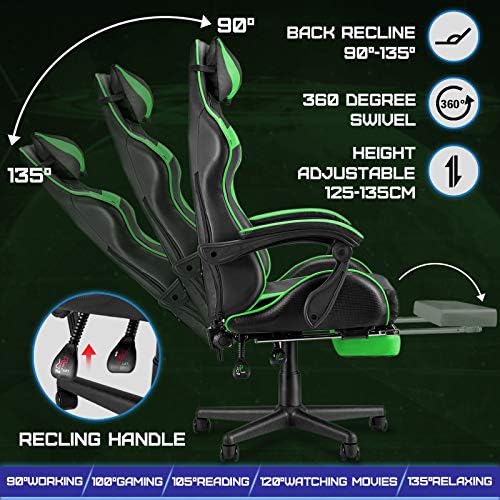 Huracan Gaming Chair with Footrest, Ergonomic Computer Chair Lumbar Support, Adjustable High Back Recliner for Adults, Racing Style Video Gaming Chairs, for Home Office Streaming, Green
