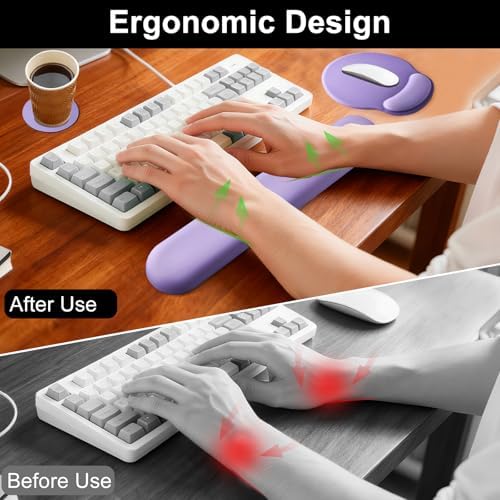 Keyboard Wrist Rest Mouse Pad with Wrist Support, Gaming Mousepad with Non-Slip Base, Ergonomic Mouse Wrist Arm Cushion Support for Home Office Laptop Computer, Easy Typing for Pain Relief, Purple