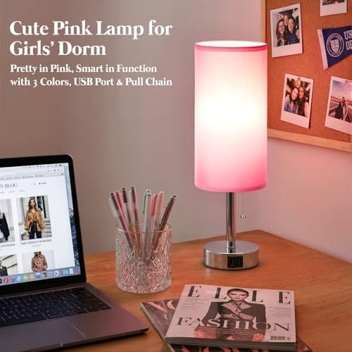 Pink Bedside Table Lamp for Bedroom - Small Nightstand Lamp for Girls