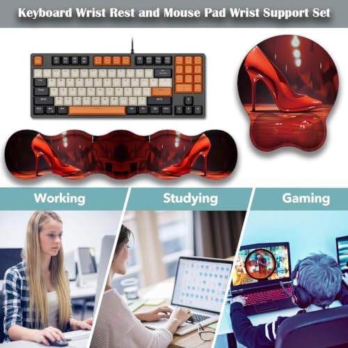 Ergonomic Keyboard Wrist Rest & Mouse Wrist Support Set with Lace Coaster, Gel Memory Foam Anti-Slip Base, Pain Relief for Typing, Red High Heels