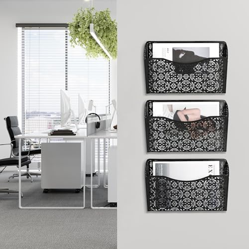 EasyPAG 3 Pack Hollow Design Wall-Mounted File Organizer - Heavy Duty Metal, Vertical Space Saving, Letter Size Single Pocket Holder for Office, Home, School, Black