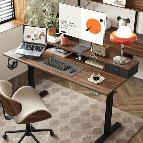Agilestic 48 x 24 Inches Electric Standing Desk with 2 Storage Drawers, Adjustable Height Sit and Stand Computer Table with Splice Board, Dark Walnut