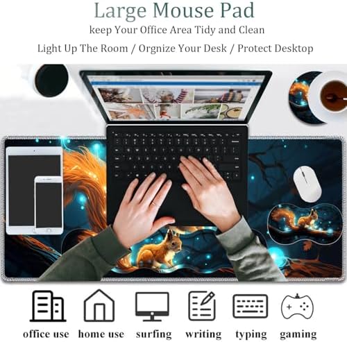 4 in 1 Mouse Pad Combo, Large Gaming Mouse Pad + Keyboard Wrist Support + Mouse Wrist Rest + Coaster, Table Pad 31.5 "x 11.8" with Memory Foam Ergonomic Wrist Pad Set, Glowing Squirrel