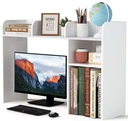 LAND·VOI Desktop Bookshelf, Countertop Storage Hutch with 5 Shelves for Computer Desk, Desk Organizer for Home Office Dorm, Dressing Tabletop, Bar Countertop, White EDS01W