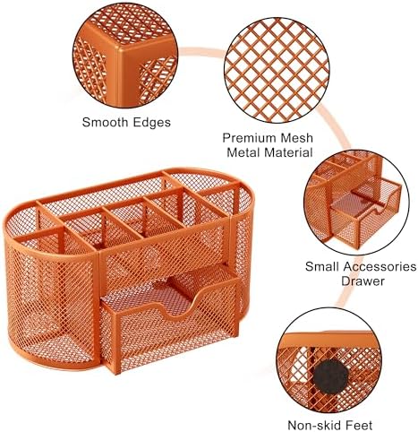 EasyPAG Mesh Pen Holder Desk Organizer with Drawer Stationery Supplies Organizer for Dorm School 9 Compartments Workspace Desk Accessories Organization for Office, Orange