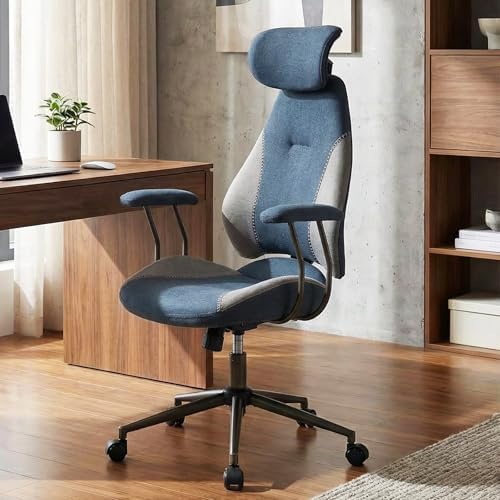 GIANTEX Ergonomic Office Chair, Mid Century Modern Fabric Computer Desk Chair with 2D Headrest, Rocking Backrest & Wheels, Vintage High Back Rolling Chair for Executive, Gray