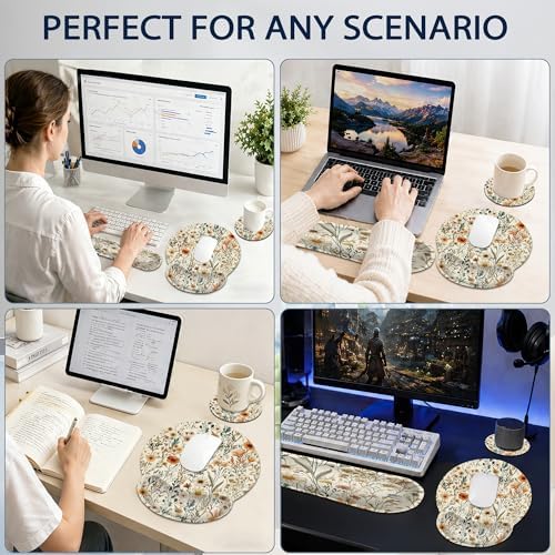 Vintage Flowers Keyboard Wrist Rest Pad Ergonomic Mouse Pad Set,Boho 3 in 1 Memory Foam Mouse Pad with Non Slip Base for Office and Home