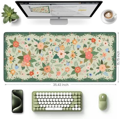 HAOCOO Green Floral Keyboard Pad, 35.4" x 15.7" Computer Pad for Dorm Room