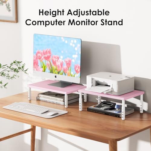 ECOLOVI Adjustable Wood Computer Monitor Stand Riser, Office Desk Organizer and Accessories for Monitor, Laptop, PC, Printer, Office Desk Accessories Workspace Organizer for Home Office Supplies, Pink