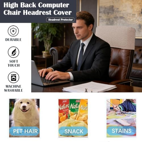 Stretch Office Chair Headrest Cover Jacquard Headrest Slipcover for Office Chairs Non Slip Head Rest Chair Furniture Protector for High Back Computer Chairs Set of 2 Beige