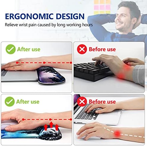 AIMSA Ergonomic Keyboard Wrist Rest and Mouse Pad with Wrist Support Set, Memory Foam Non-Slip Rubber Base, for Gaming, Working, Home, Office, Easy Typing, Pain Relief, Forest Moon Sky