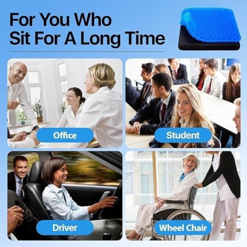 100% Gel Seat Cushion Original-Extra Thick, Breathable Honeycomb Design,Non-Slip Cooling Cushion for Office Chair, Car & Wheelchair, Blue 1pc Seat Cover