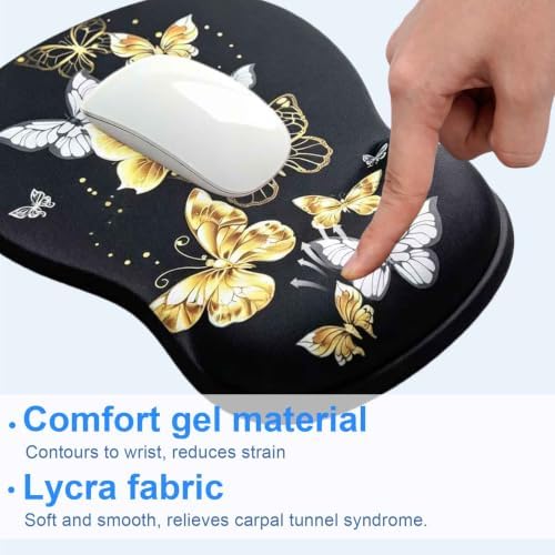 Ergonomic Mouse Pad with Gel Wrist Support, Comfortable Wrist Rest Mousepad with Non-Slip PU Base for Pain Relief, Desk, Home & Office (Golden Butterfly)