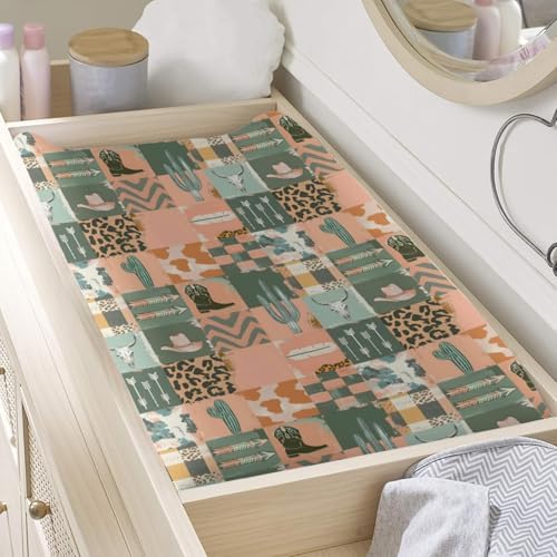 Western Cactus Cow Skulls Hats Patchwork Baby Changing Pad Cover, Unisex Western Nursery Diaper Changing Table Pad Mat Sheet for Boys Girls-16x32
