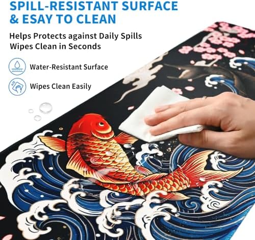 Extended Koi Fish Desk Mat, XL Large Gaming Mouse Pad, Japanese Great Wave Sakura Stitched Edges Waterproof with Non-Slip Rubber Base for Computer Keyboard Laptop Work Home Office 31.5"x11.8"