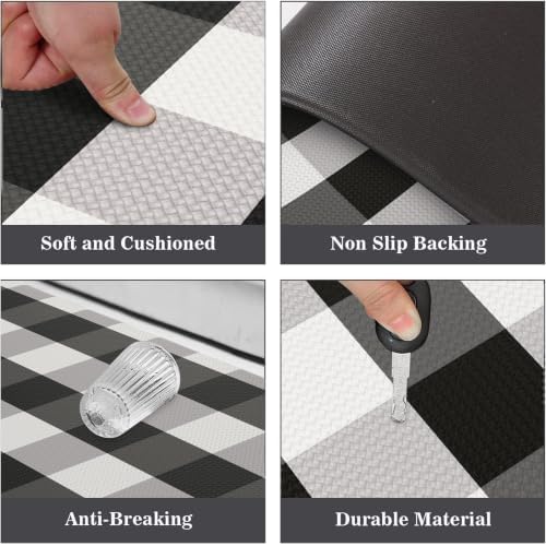 MAYHMYO Cushioned Kitchen Mats for Floor,Anti Fatigue Buffalo Plaid Mat 2PC