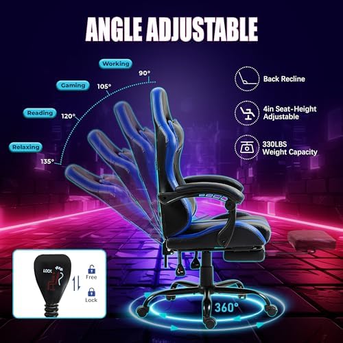 Massage Gaming Chair with Footrest & Lumbar Support, Blue