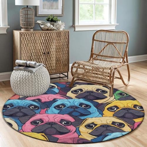 Fashion Round Area Rug Large Non Slip Carpet, Colorful Pug Dogs Funny Puppy Unisex Home Decor Mat