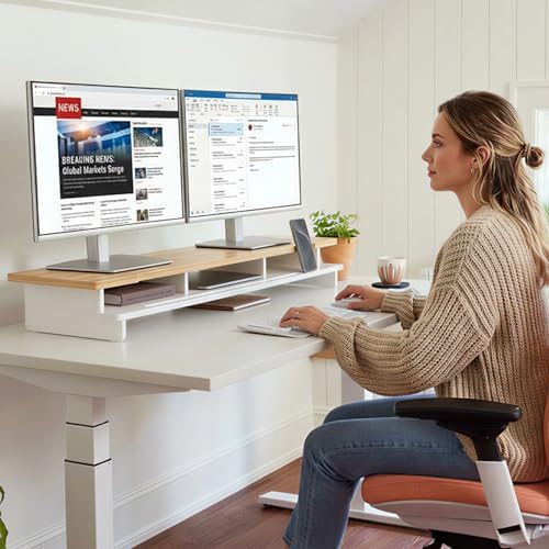 42.5" Dual Monitor Stand Riser with Phone Holder Desk Shelf White